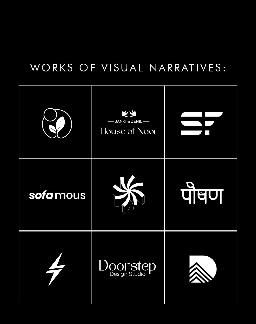 Grid of logos titled 'Works of Visual Narratives,' featuring designs for various brands.