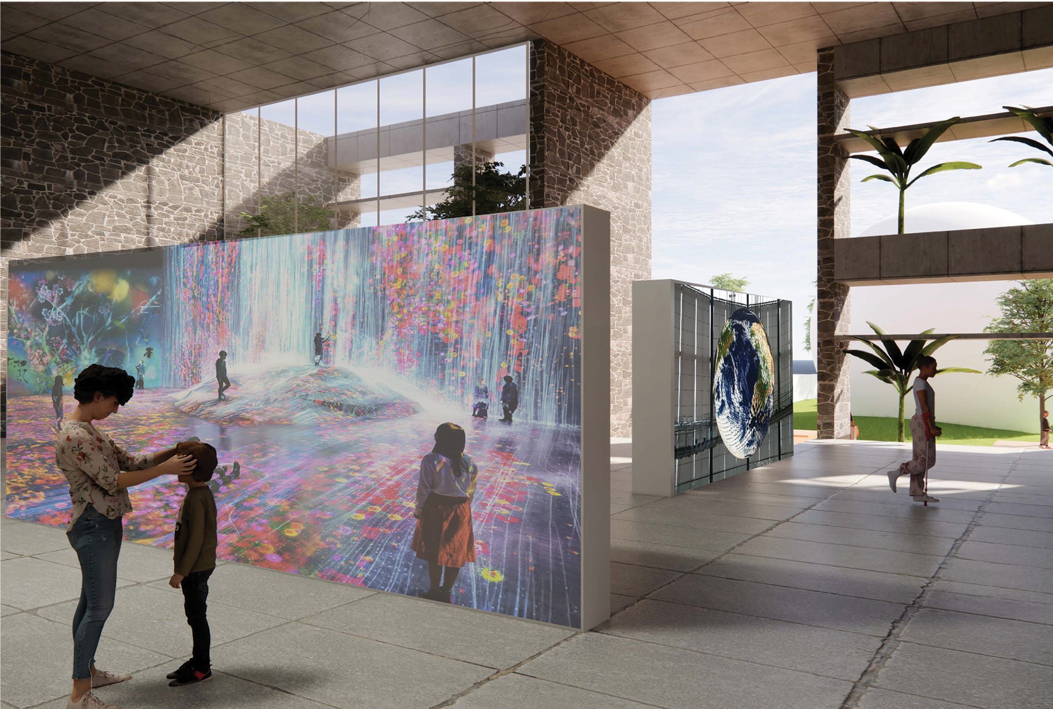 People observing digital art installations in a modern gallery, with colorful projections and plants.