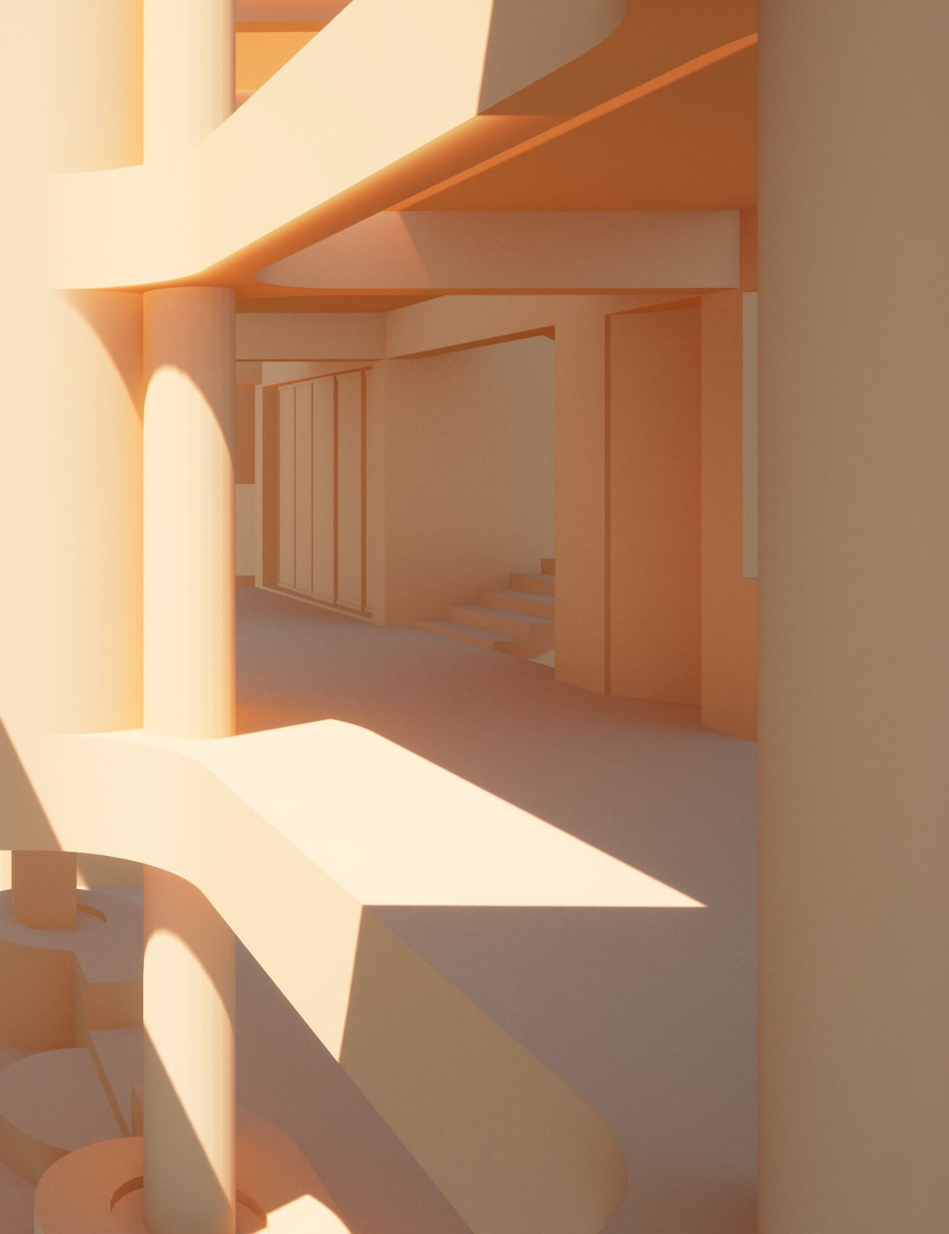 Abstract architectural interior with geometric shapes, warm lighting, and shadows