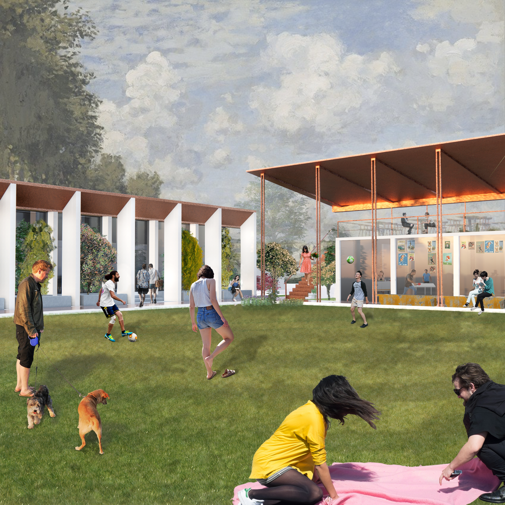 Outdoor scene with people playing soccer, walking dogs, and sitting on the grass in front of a modern building with large windows.