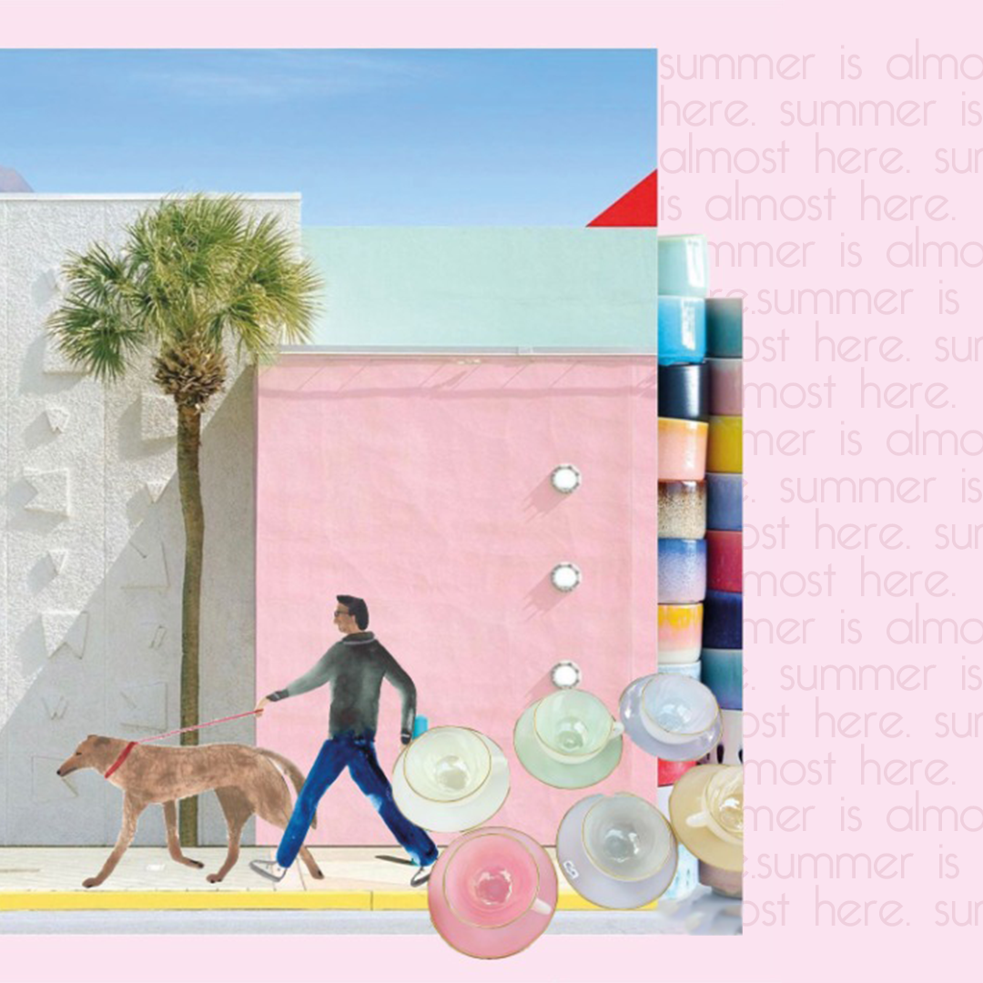 Illustration of a man walking a dog in front of colorful pastel buildings with a palm tree and decorative bowls.