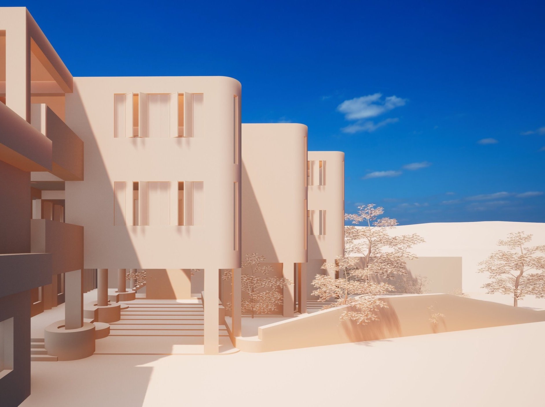 3D architectural model of a modern building with minimalist design, featuring curved facades, large windows, and surrounding trees under a clear blue sky.