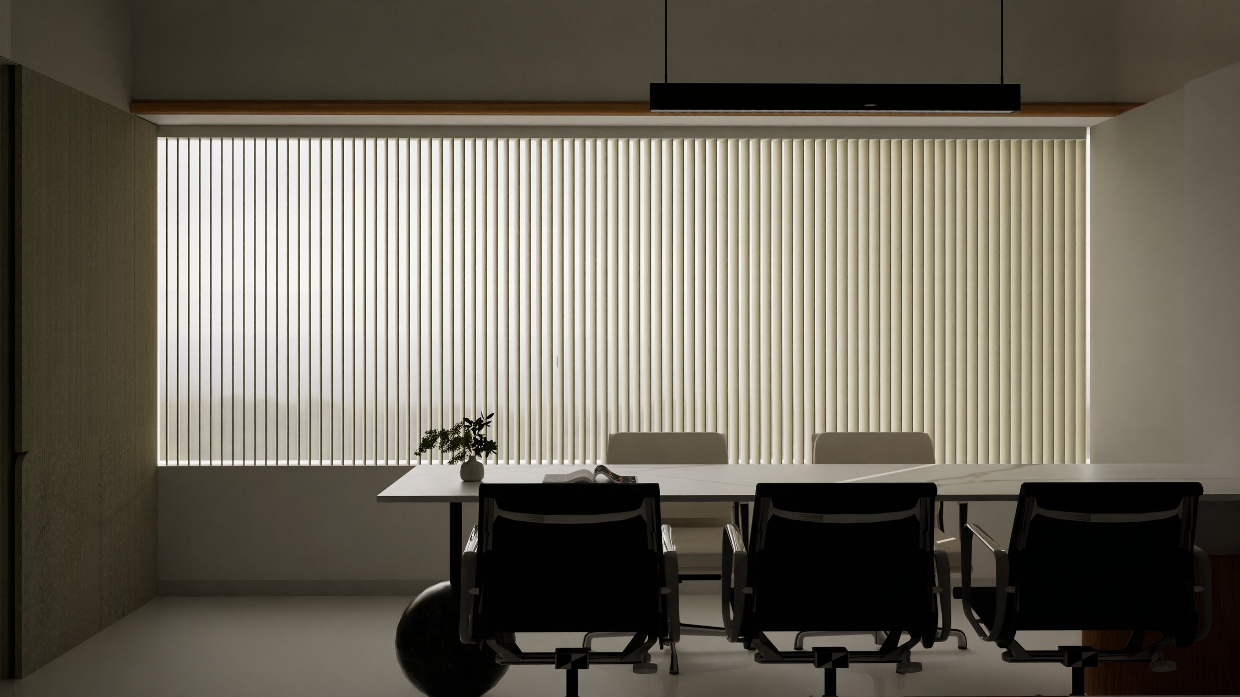Modern conference room with vertical blinds and sleek furniture