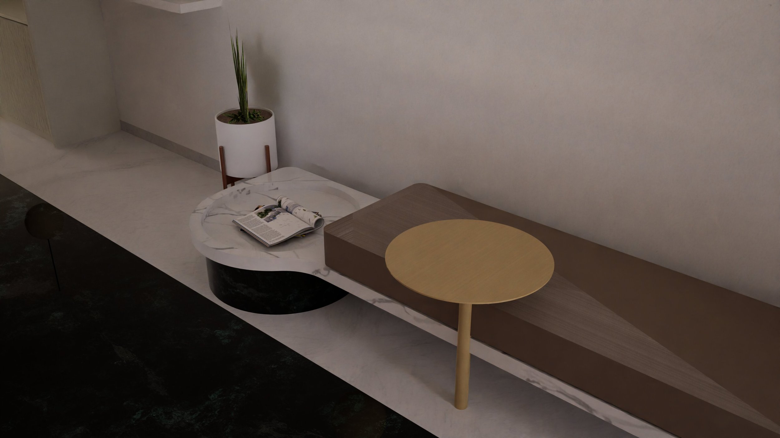 Minimalist interior with a bench, round side table, and potted plant next to an open magazine on a marble-like surface.