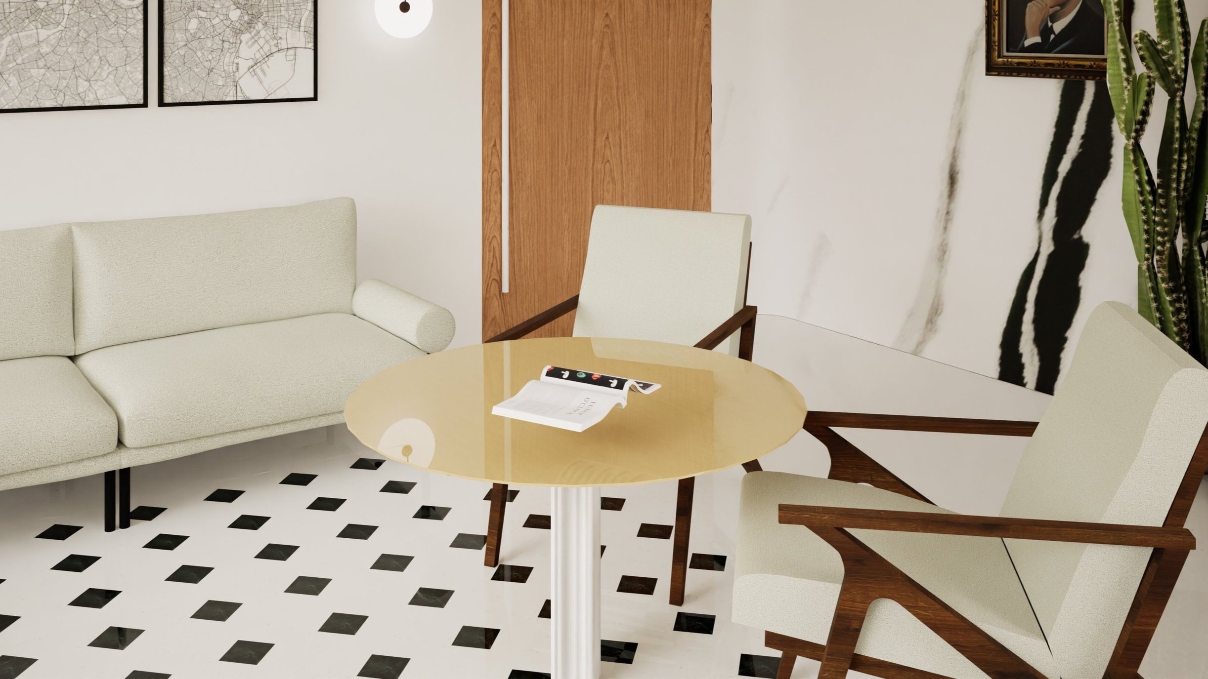 Minimalist office with a white couch, two armchairs, a round glass coffee table, and a black-and-white checkered floor. Framed maps on the wall, wooden door, and a tall cactus plant.